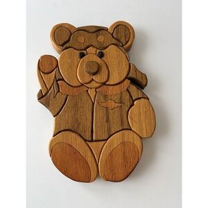Vintage Handmade Wood Carved Teddy Bear Pilot Nursery Wall Plaque